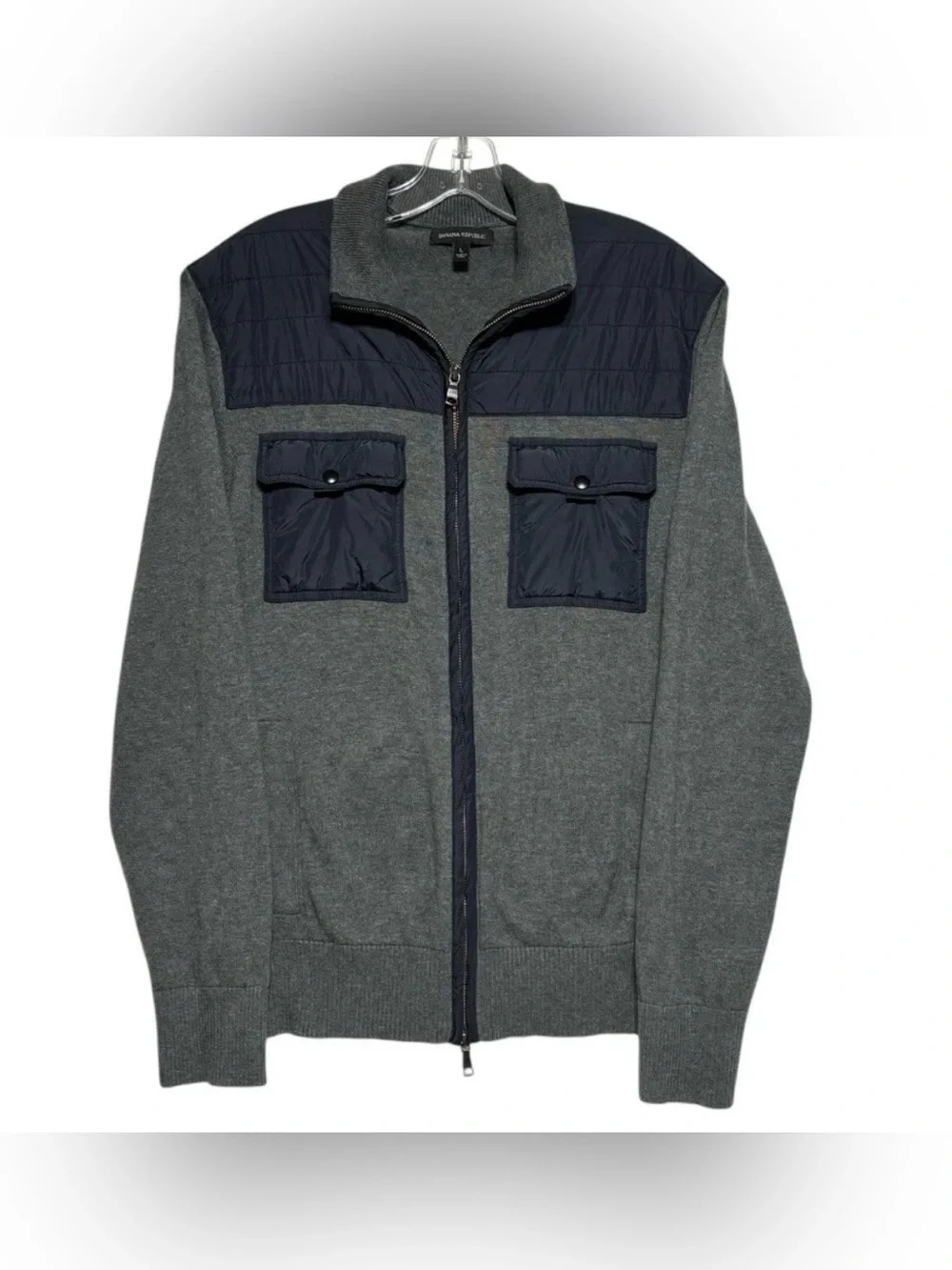 Banana Republic Sweater Jacket Men L Chest Arm Pockets Gray Full Zip Stretch